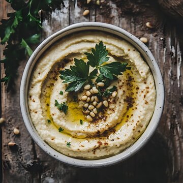 Creamy hummus with fresh herbs and pine nuts