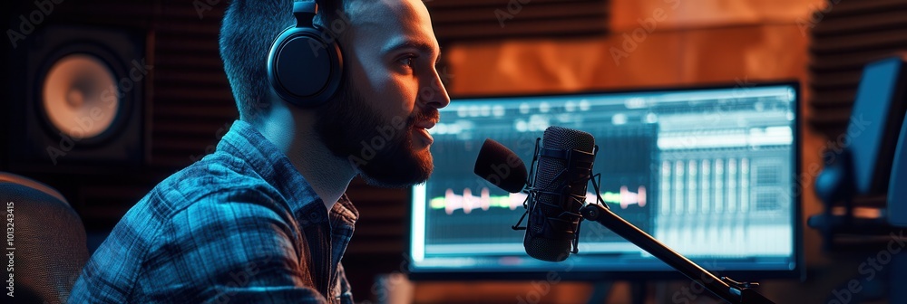 Fototapete the podcaster shares insights while speaking into the microphone in a vibrant studio, showcasing a c