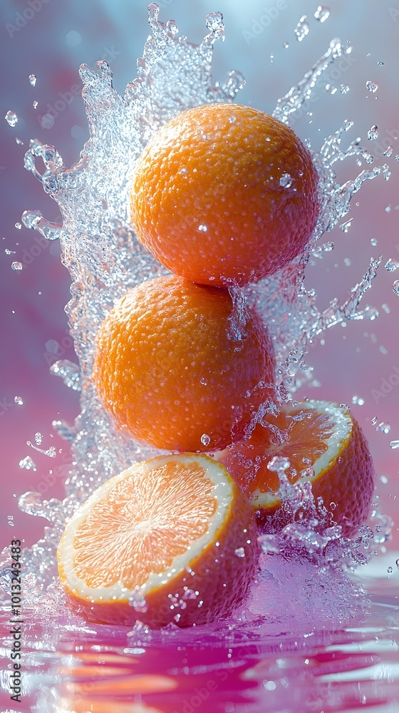 Aufkleber fresh oranges splashed with water, creating a vibrant and refreshing image.