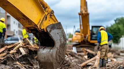 Construction crews rebuilding damaged infrastructure post-flood, Flood Reconstruction, Urban recovery