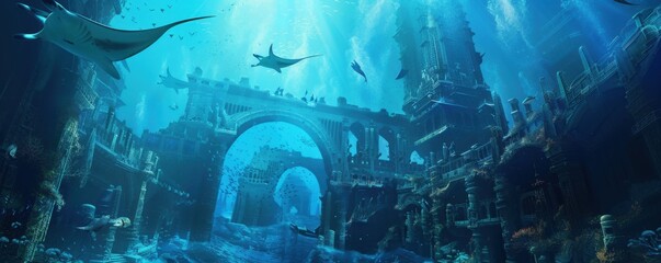 Submerged city with spiral towers and manta rays gliding above, 4K hyperrealistic photo