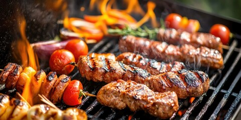 Barbecue grill with various delicious meats on fire, background