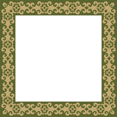 Vector gold with green square Kazakh national ornament. Ethnic pattern of the peoples of the Great Steppe