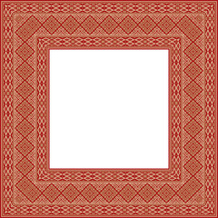 Obraz premium Vector red gold square belarusian national ornament frame. Ethnic pattern rectangle of Slavic peoples, Russian, Ukrainian, Serb, Pole, Bulgarian. Cross stitch template