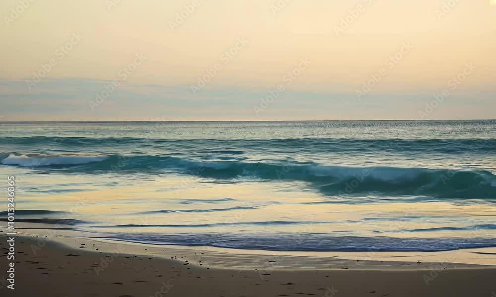 Poster a serene seascape with gentle waves lapping on a sandy shore under a soft hazy sky.