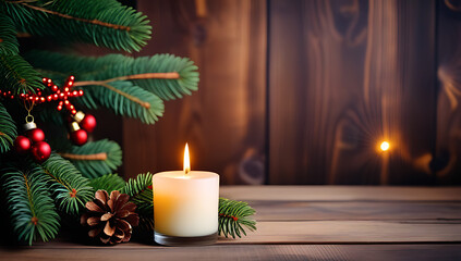wooden background fir tree branches candle creating rustic christmas scene