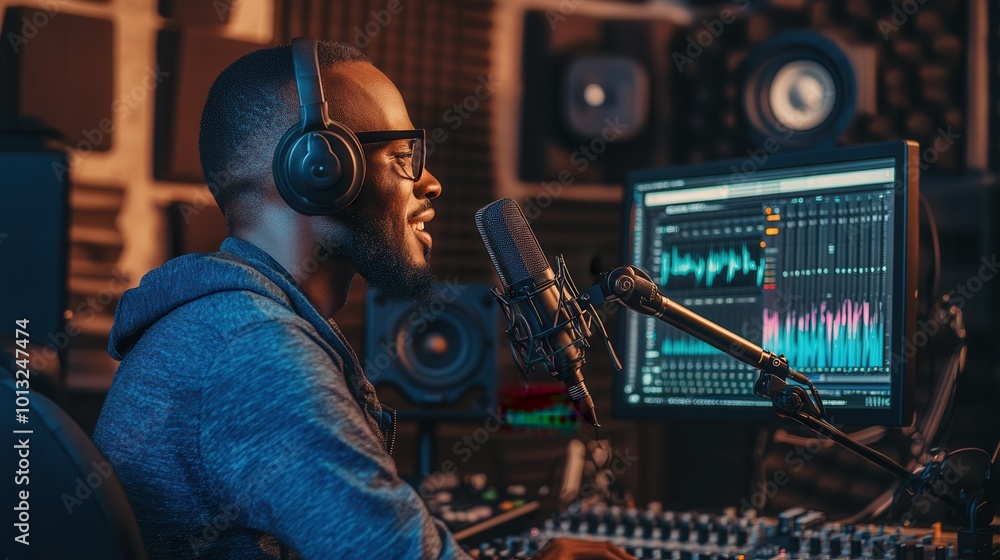 Aufkleber the podcaster speaks into a microphone while working on audio editing at a control desk in a studio 