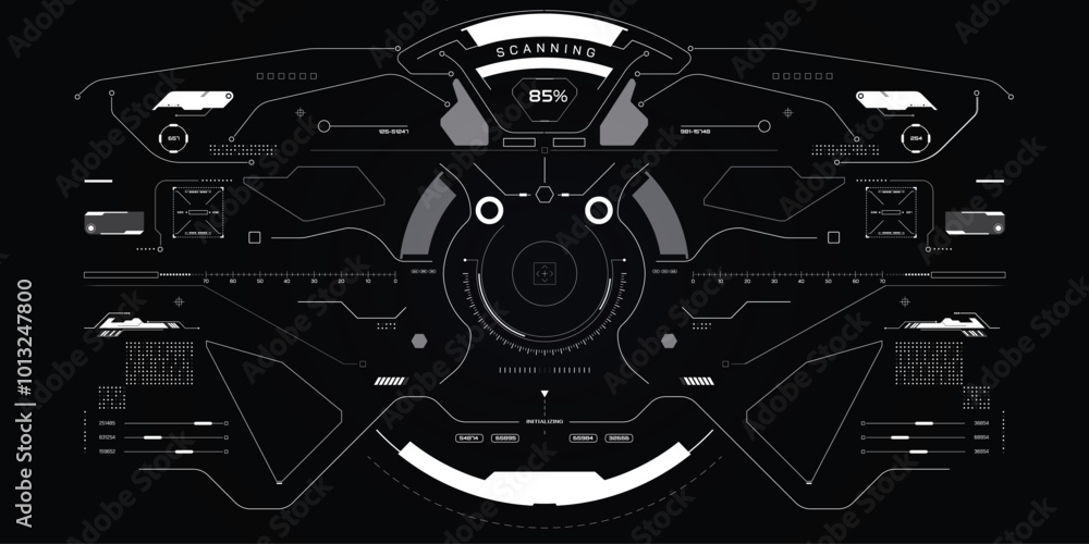 Poster Technology futuristic system of HUD monitoring screen interface element. UI, GUI, drone, VR, game display template vector.