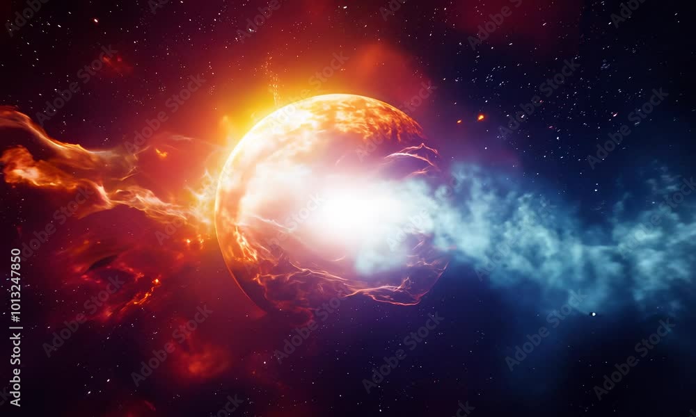Poster fiery celestial object releases glowing gas in space spectacle.