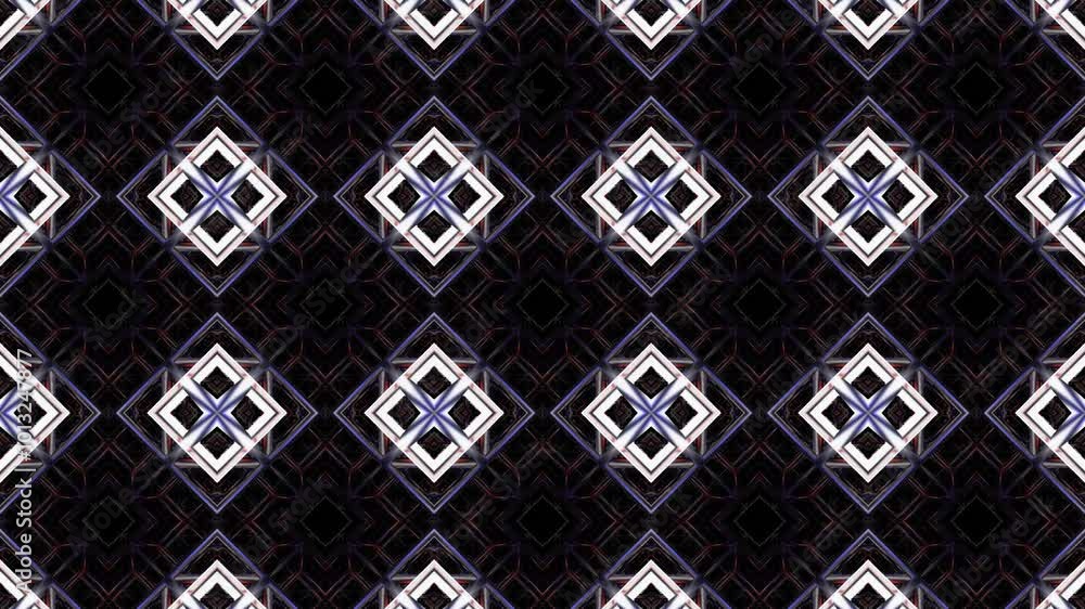 Poster animated abstract kaleidoscope patterns with blue tint on black background. 3d render. looping anima