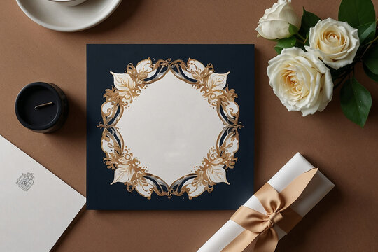 Luxurious wedding invitation with intricate gold floral frame on deep blue background with white roses and gift box