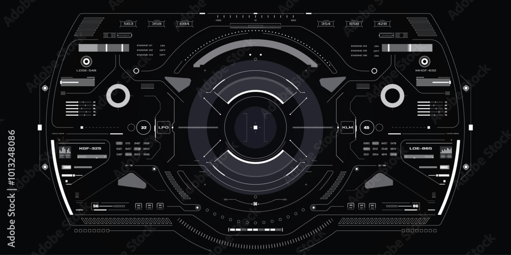 Aufkleber HUD Futuristic Drone, Space ship, Radar Interface Screen Design Element. UI Technology Monitoring Virtual Reality View Display Object Vector.