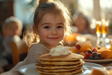 Smiling young girl enjoying a breakfast of pancakes topped with whipped cream, surrounded by fruit, capturing a warm and joyful family meal moment.