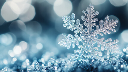 Close-Up Of Frosted Snowflake With Sparkling Bokeh Lights On A Winter Morning