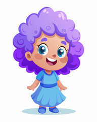 Adorable cartoon-style toddler with curly purple hair, big blue eyes, and a joyful smile, wearing a light blue dress with a flared skirt. The character is in a lively, dance pose, with detailed lighti