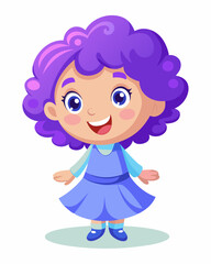 Adorable cartoon-style toddler with curly purple hair, big blue eyes, and a joyful smile, wearing a light blue dress with a flared skirt. The character is in a lively, dance pose, with detailed lighti