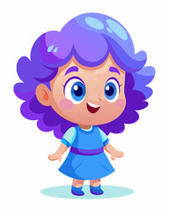 Adorable cartoon-style toddler with curly purple hair, big blue eyes, and a joyful smile, wearing a light blue dress with a flared skirt. The character is in a lively, dance pose, with detailed lighti