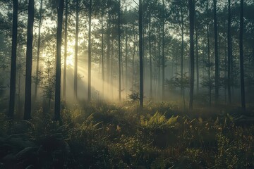 Fototapeta premium Sunlight filters through tall pine trees in a misty forest, casting soft beams onto the ferns and lush undergrowth, creating a tranquil and serene woodland scene.
