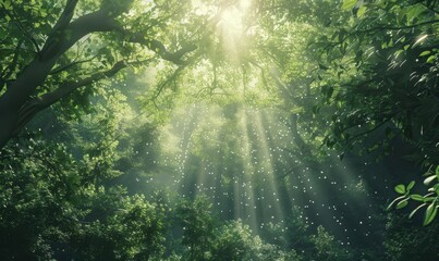 Verdant forest canopy illuminated by morning sunlight, 4K hyperrealistic photo