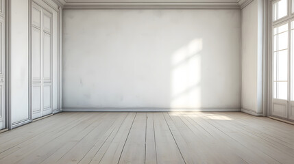 Rendering of a white wall view, illustration of an antique wooden floor interior, White empty room interior. The inside of the background. Nordic house interior.empty wall for writing