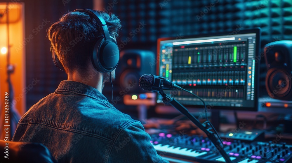 Aufkleber The podcaster speaks intently into the microphone while monitoring sound levels on a computer screen in the studio. Generative AI