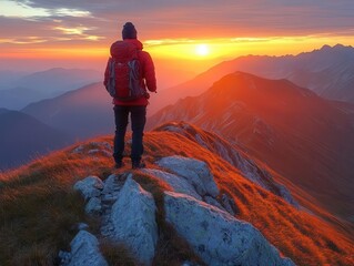 Obraz premium adventurous hiker standing triumphantly on a mountain peak gazing at breathtaking panoramic views of distant ranges and a vibrant sky at sunrise capturing the spirit of exploration and freedom