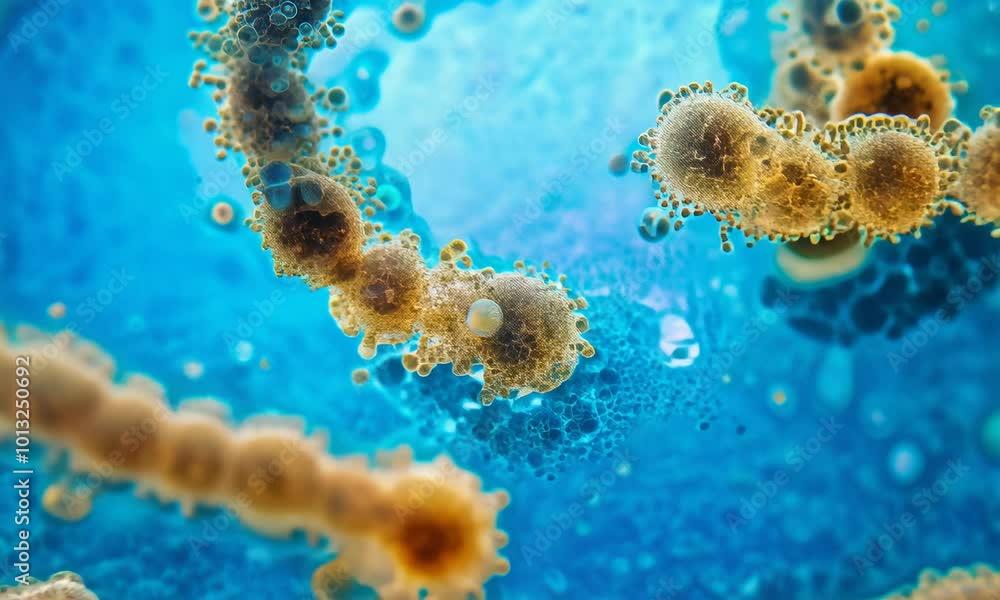 Poster a microscopic view of a colony of bacteria with intricate details and a vibrant color scheme.