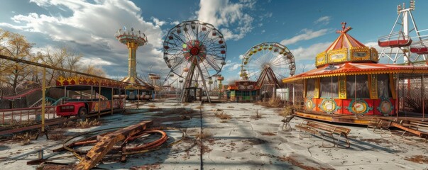 Deserted carnival with empty stalls and rusted rides, 4K hyperrealistic photo,