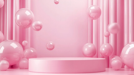 Trendy empty scene with podium or platform, flying bubble geometric shapes on pink background, Minimal scene with geometrical forms for product presentation