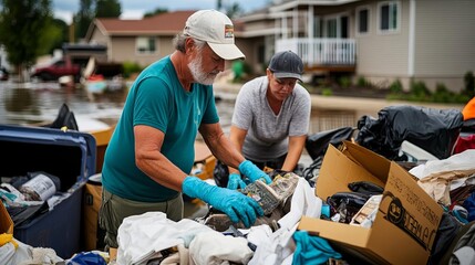 Residents sorting through personal belongings ruined by floodwater, Flood Aftermath, Emotional recovery
