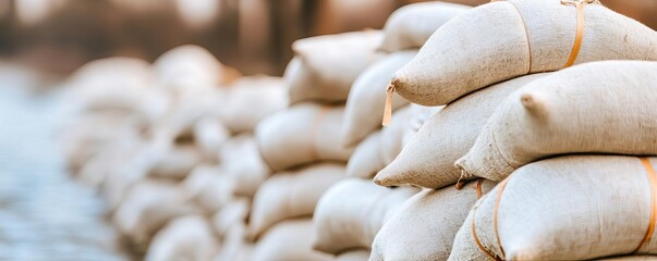 Rows of sandbags piled high as flood defenses around critical infrastructure, Flood Protection, Community preparedness
