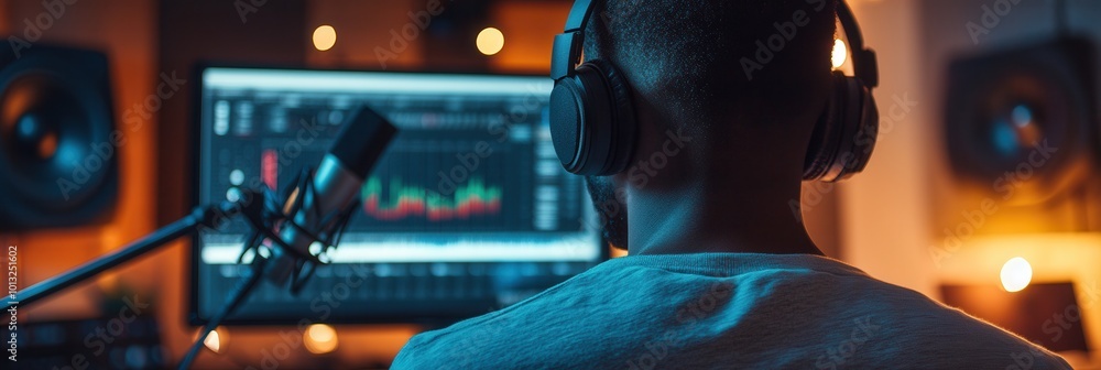 Aufkleber in a cozy home studio, a podcaster speaks intently into a microphone, creating engaging audio conten