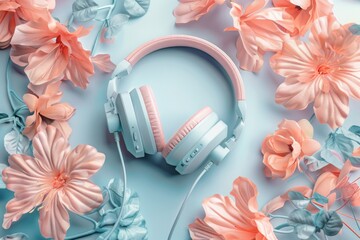 Floral-patterned headphones surrounded by pastel flowers on a light blue background. Flat lay composition. Design for poster, banner. Generative AI