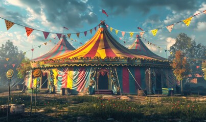 Old-fashioned big top adorned with colorful banners, 4K hyperrealistic photo