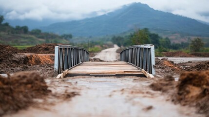 Temporary bridges being built over washed-out roads post-flood, Flood Infrastructure, Restoring transport links