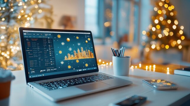 Festive home office, Christmas lights and decor