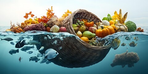 Vibrant split-scene design celebrating fisheries and agricultural abundance.