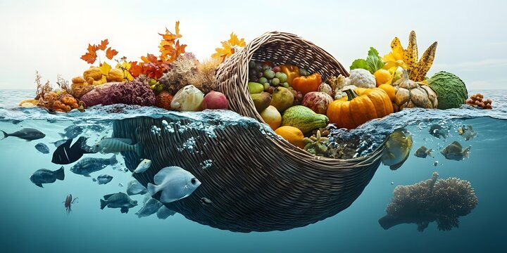 Vibrant split-scene design celebrating fisheries and agricultural abundance.