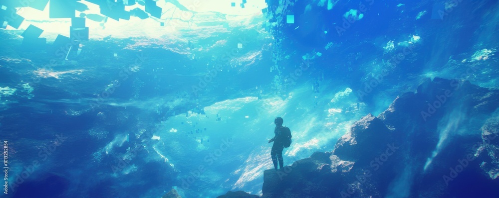 Poster a cybernetically enhanced diver exploring the depths of a digital river, where data packets flow lik