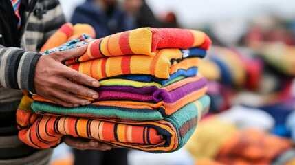 Fototapeta premium Volunteers distributing blankets and clothing to flood victims, Flood Relief, Aid distribution