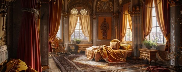 Splendid medieval prince's suite with velvet curtains and gold accents, 4K hyperrealistic photo