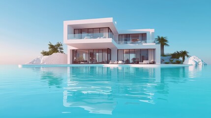 Fototapeta premium Modern Architectural Floorplan with 3D-Rendered Minimalist House Model - Clean and Sleek Design