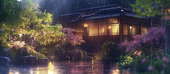Fototapeta premium Rainy Night in a Japanese Garden