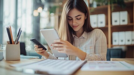 Event planner timetable agenda plan on year 2024 schedule event. Business woman checking planner on mobile phone, taking note on calendar desk on office table. Calendar event plan, work planning