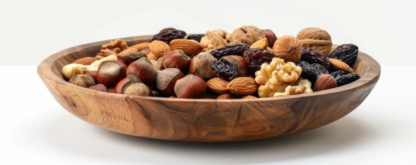 Obraz premium Various types of nuts and dried fruits in a rustic bowl on a white background, 4K hyperrealistic photo