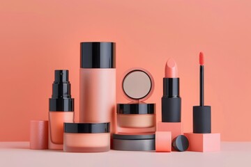 Collection of peach and black makeup products on a peach background. Includes lipstick, foundation, compact powder, and skincare items.Generative AI