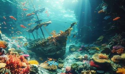 Phantom schooner discovered in a coral reef, surrounded by vibrant marine life and guarded by the restless souls of drowned sailors, 4K hyperrealistic photo