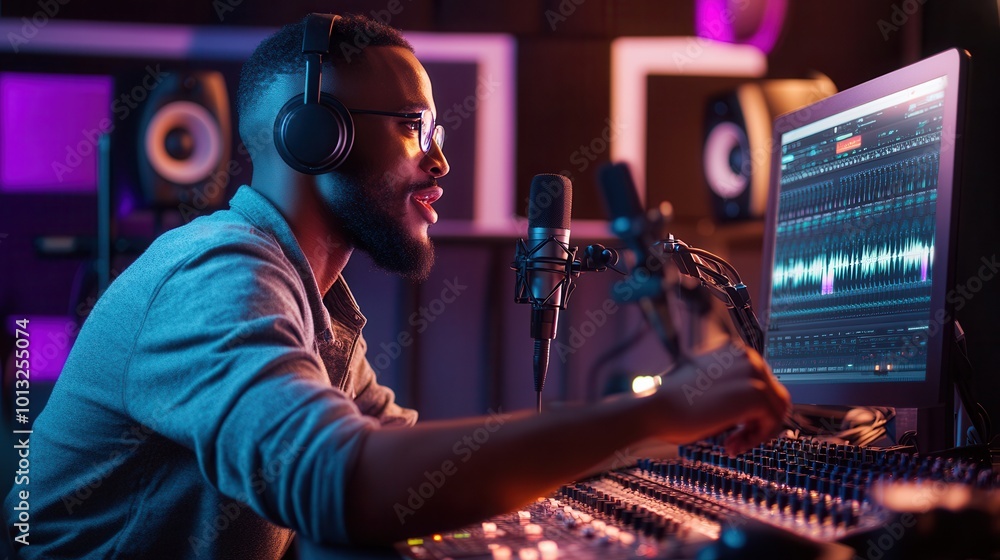 Fototapete The podcaster speaks into a microphone while controlling audio equipment, focused and energetic in the studio setup. Generative AI