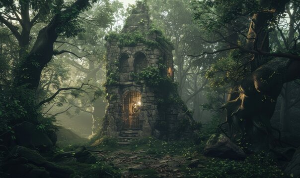 Tower of arcane secrets nestled in an ancient forest, 4K hyperrealistic photo