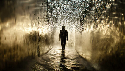 Fototapeta premium Photograph the subject through the flow of water from a small waterfall or fountain, using a fast shutter speed to freeze the water droplets while the person remains visible behind the cascade
